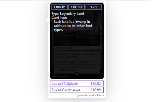 AutocardAnywhere Screenshot - Shows oracle text, format legality and sets right in the popup